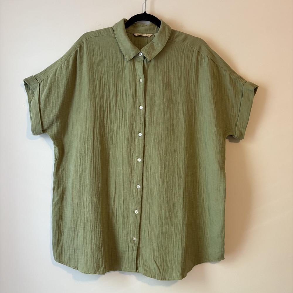 Soft Surroundings Cotton Gauze Button Front Top Green Sz L Lagenlook Minimalist